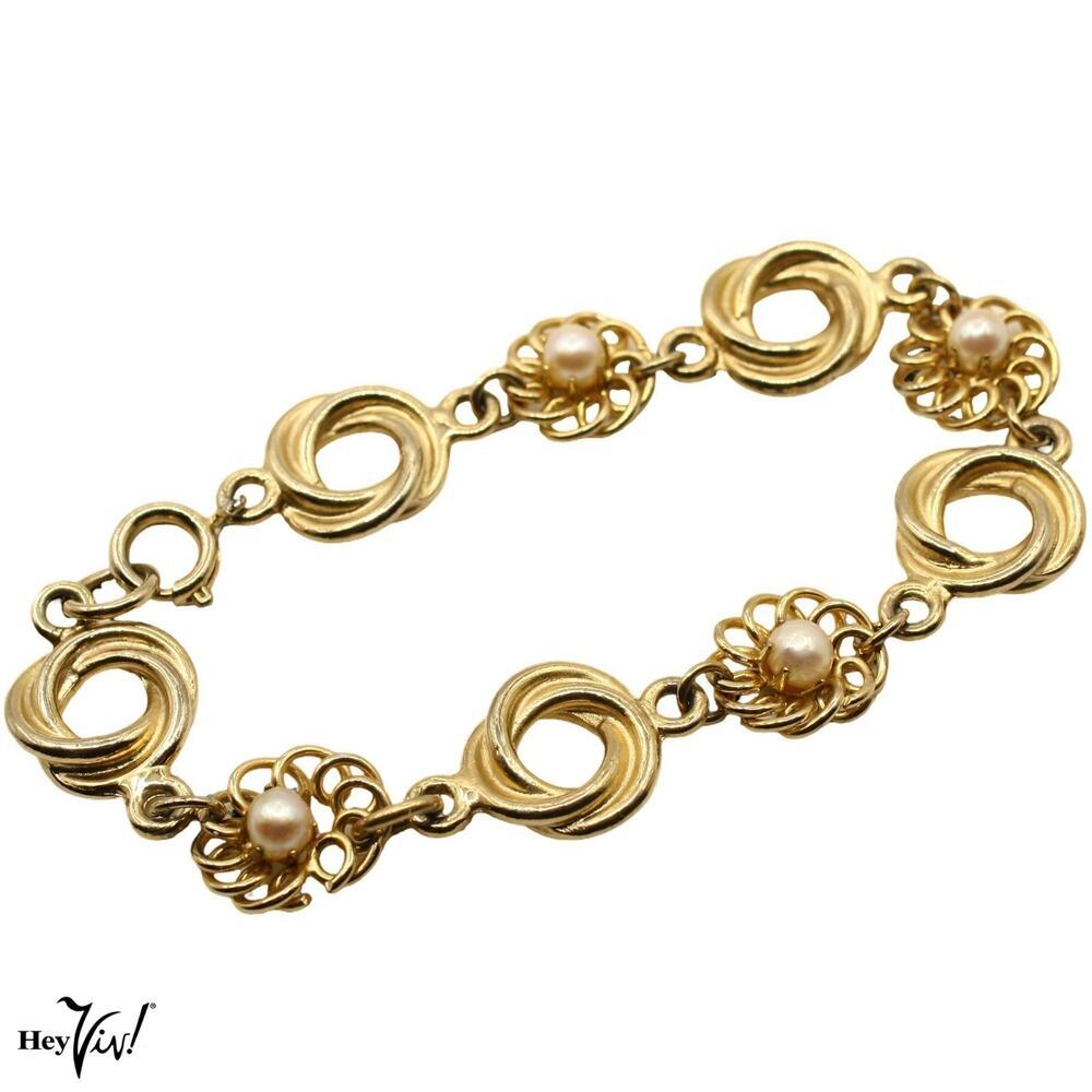 Vintage Gold Tone Faux Pearl Link Bracelet 7" Circle Filigree Design - Hey Viv